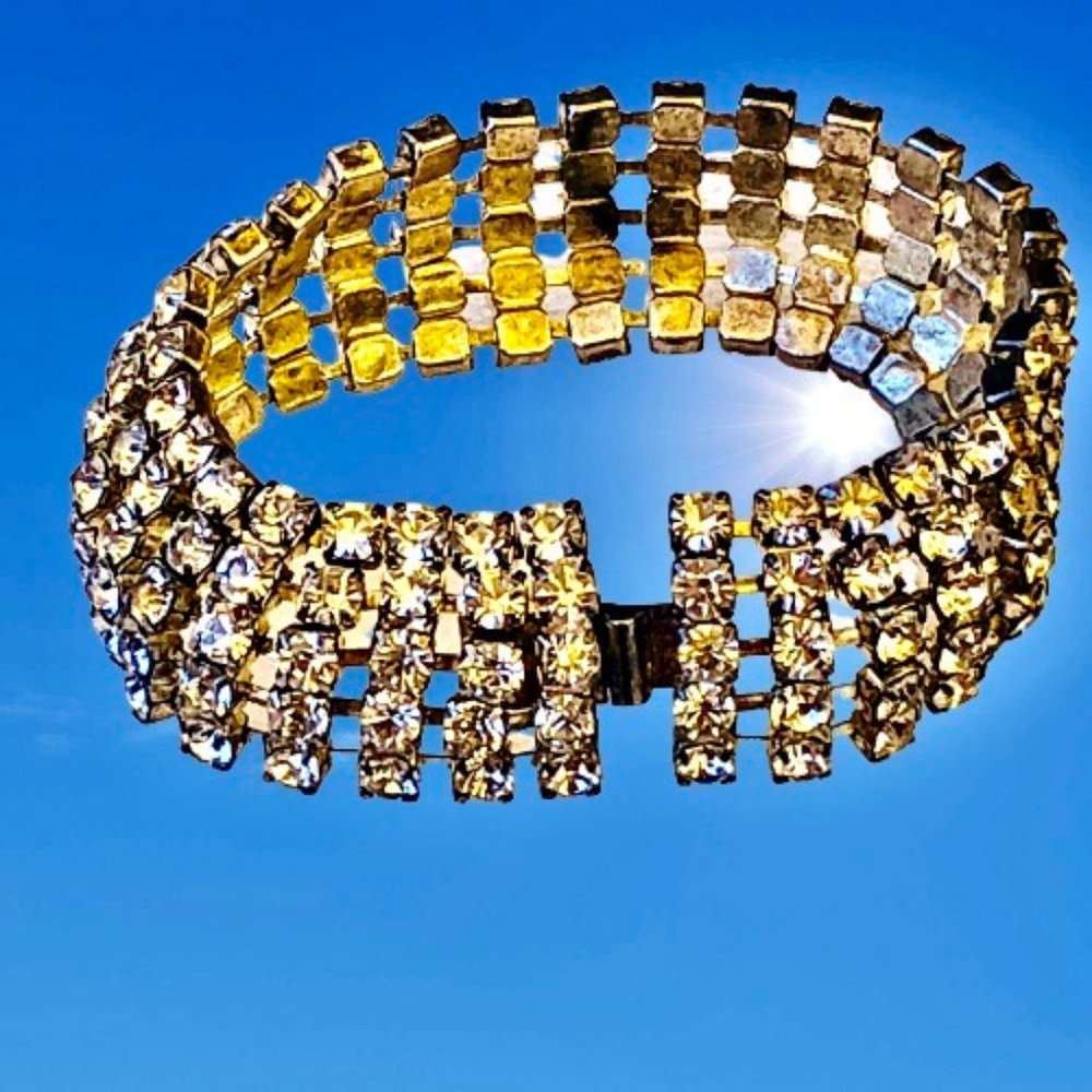 Rhinestone Vintage Bracelet Clear Five Row Prong Set Clasp All Metal & Stones